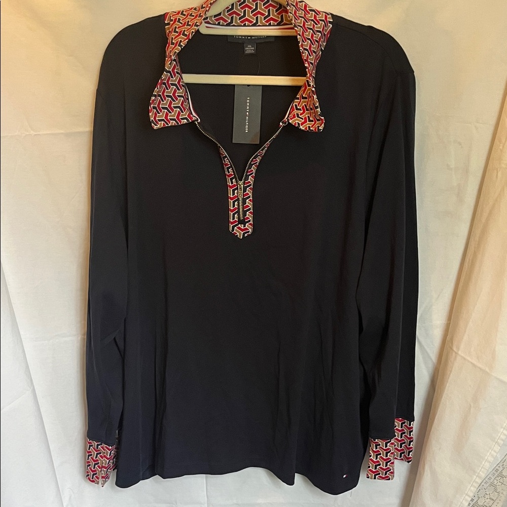 3X Tommy Hilfiger Navy Long-Sleeve Polo Top with Red Patterned Trim